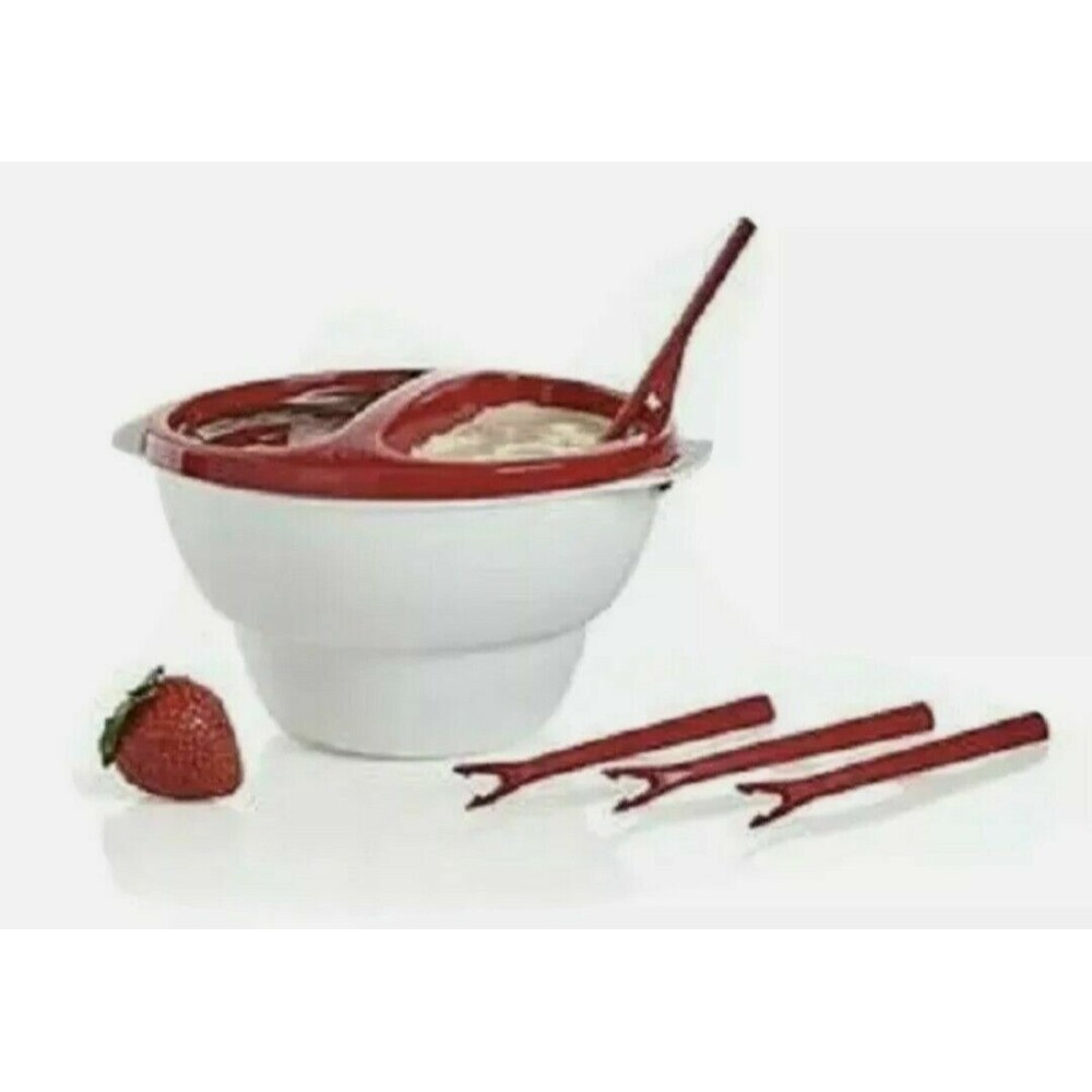 NEW TUPPERWARE chic dining dipper bowl red forks seal fondue cheese chocolate